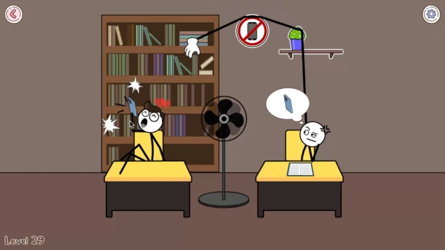 The thief's arm curving around a no-phone sign and potted plant in a library level